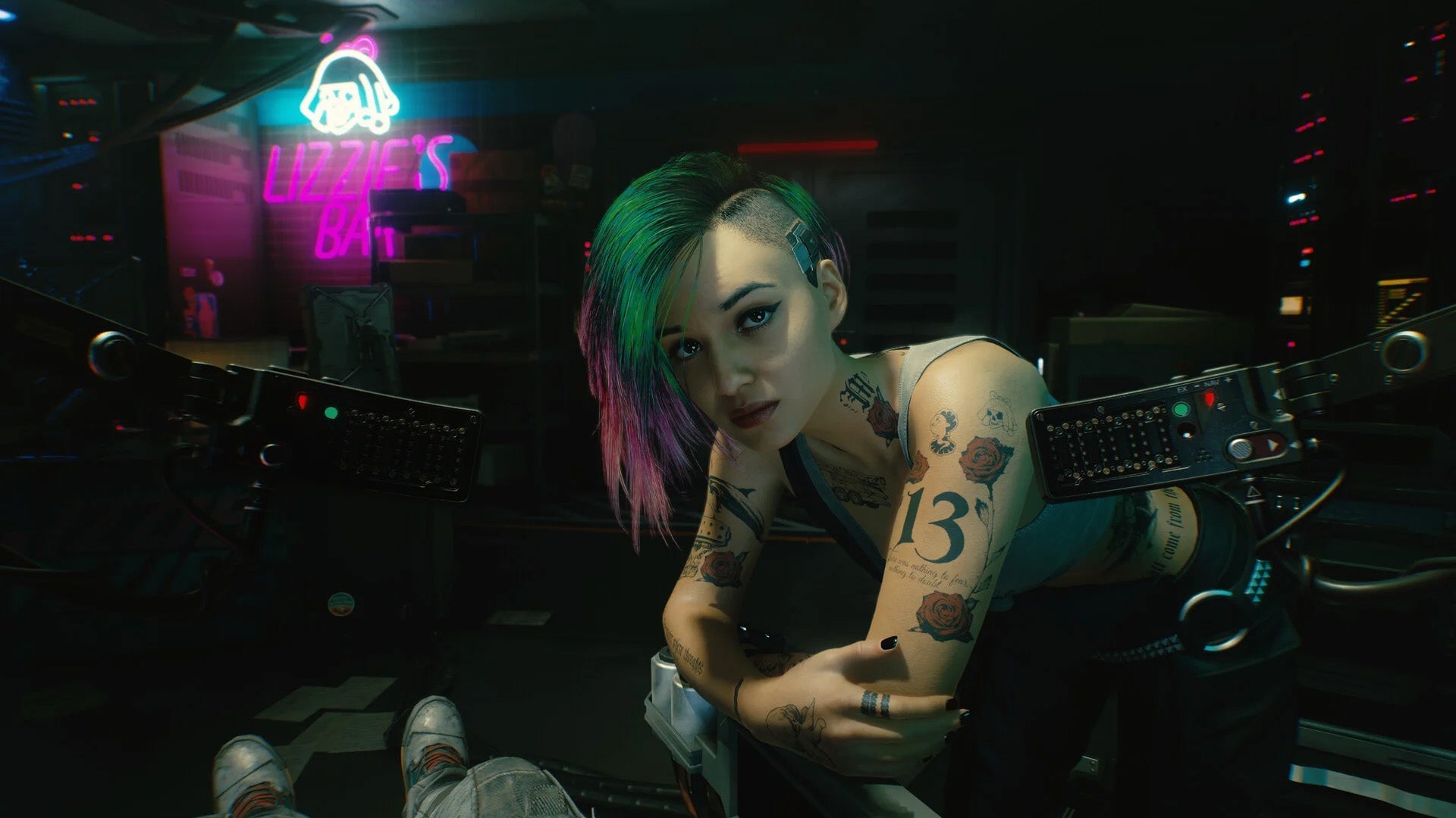An NPC talks to the player in a cyberpunk future.