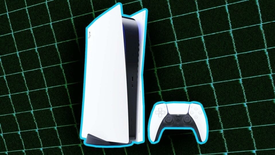 A PS5 appears in front of a grid.