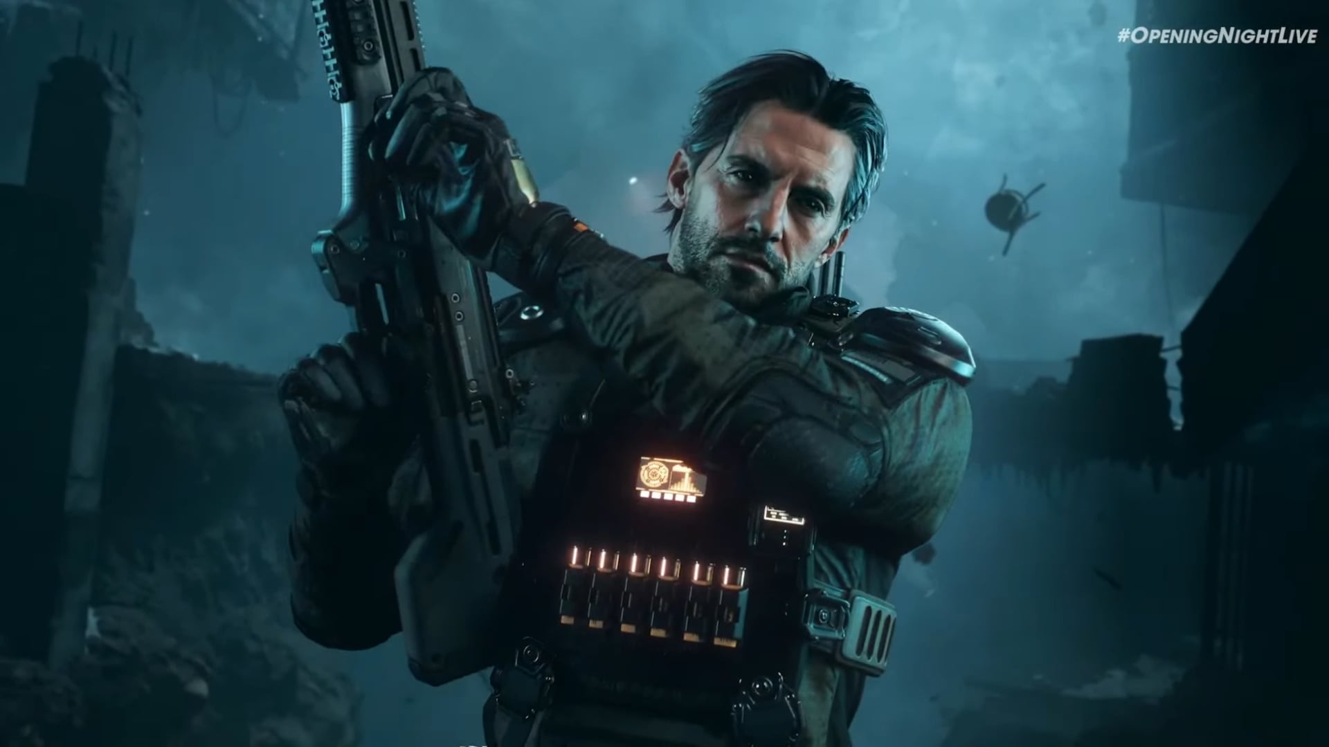 A black ops guy holds up a gun.