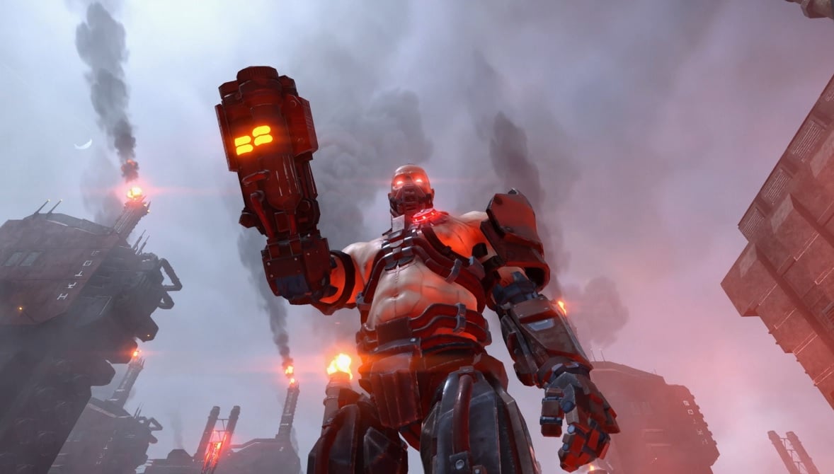 A Cyborg holds up a gun arm.