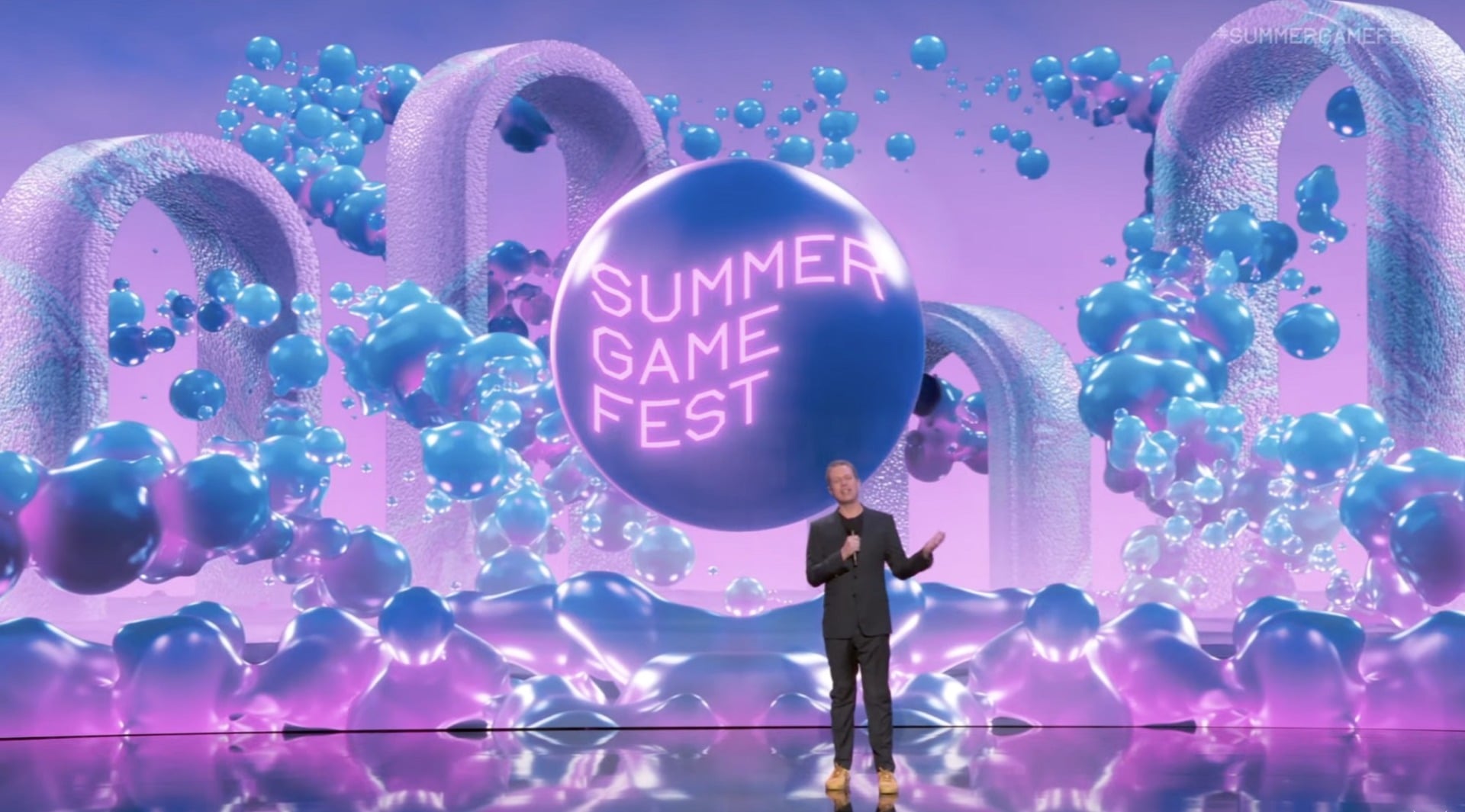 Geoff Keighley appears on stage in 2025.