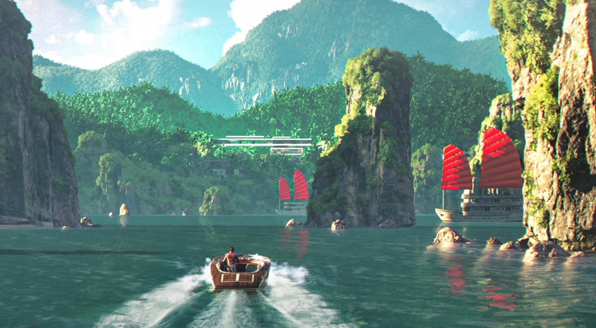 James Bond drives a speedboat.