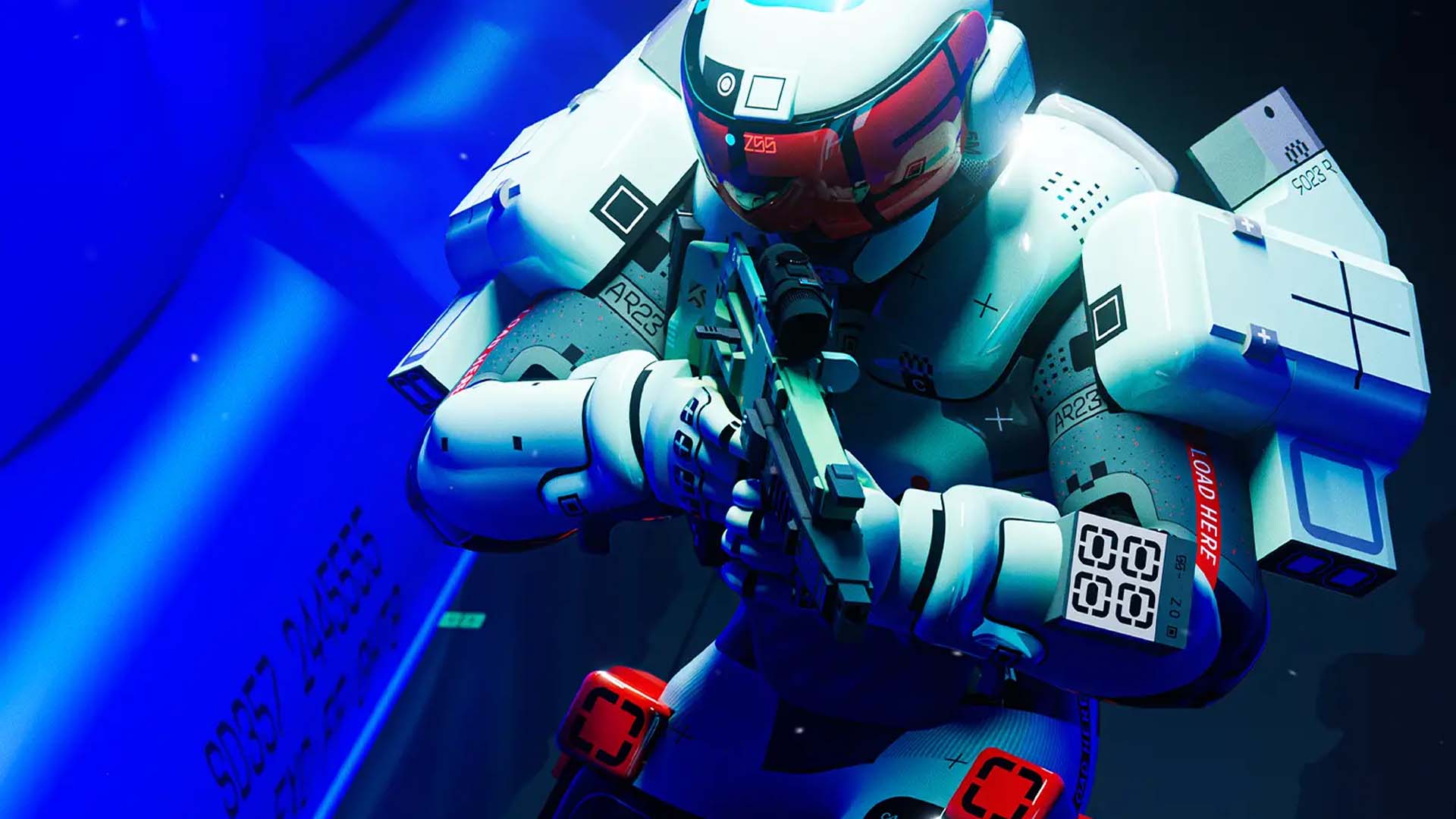 A runner hold up a weapon in a blue hallway.