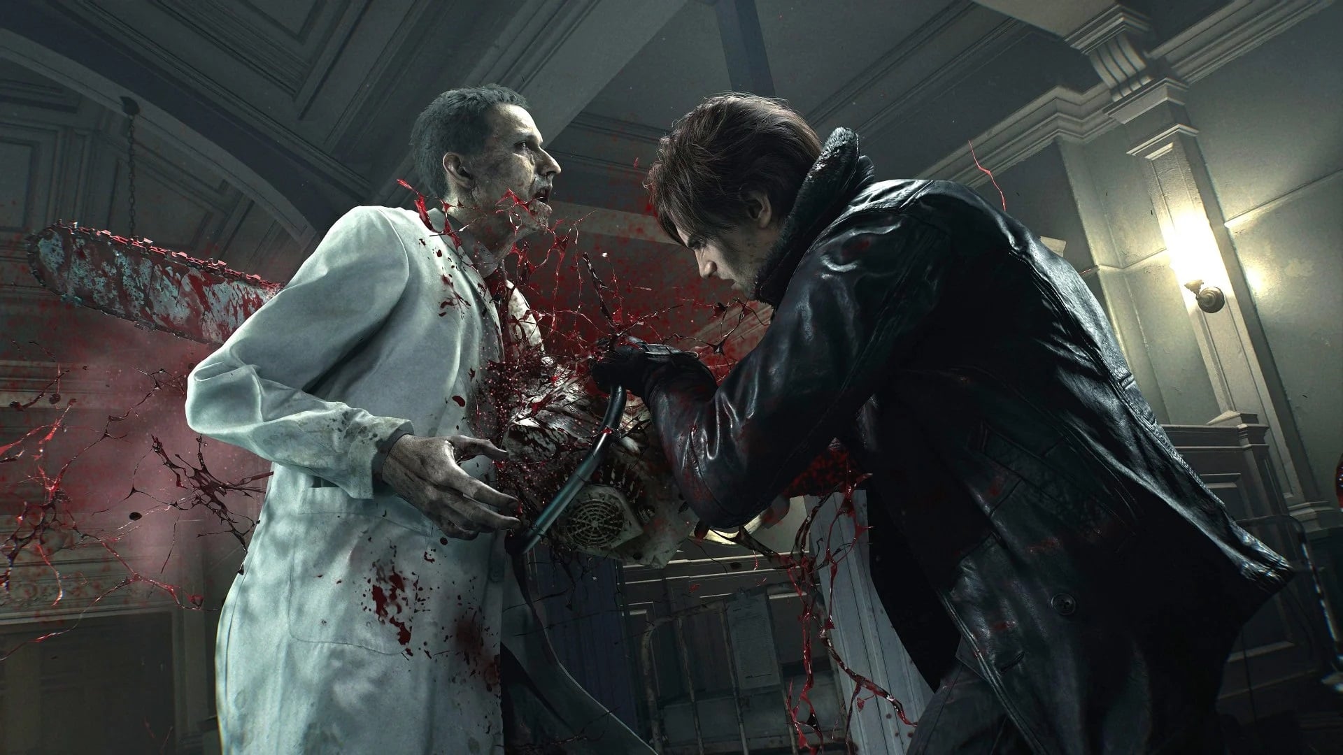 Leon stabs someone with a chainsaw.