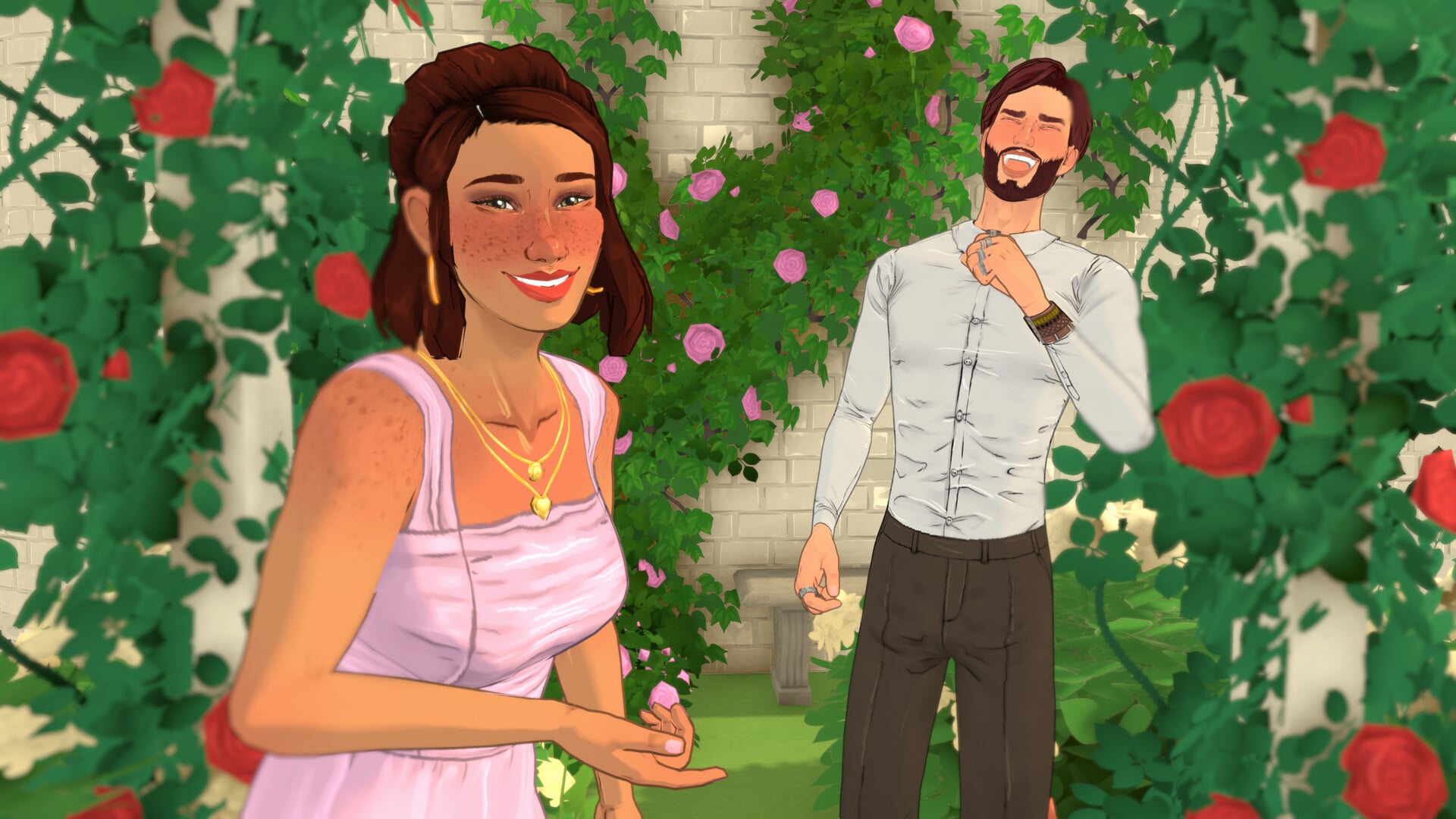 Screenshot from Paralives featuring two Paras laughing in front of a wall of flowers.