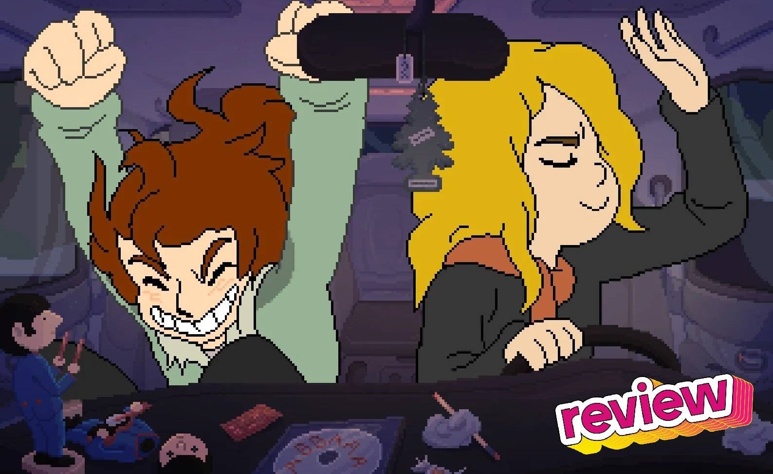 Two cartoon characters rock out in a car.